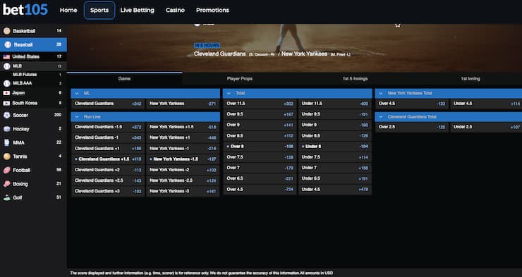 An image of the betting screen from Bet105, a popular online sportsbook in New Jersey.